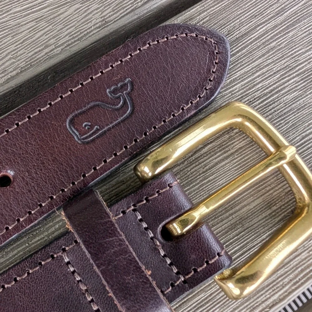 Vineyard Vines Mens Gingham Canvas Club Belt Brown Leather Brass Buckle Size 38